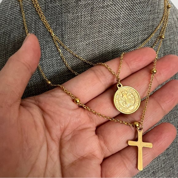 Three Layer Cross Necklace Gold Plated Layered Cross Necklace Stainless Steel - Picture 7 of 8
